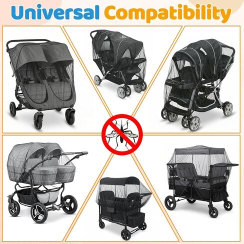 Orzbow 2 Pack Mosquito Net for Double Stroller Side-by-Side, Insect, Fly & Bug Protection | Mosquito Net Cover for Double, and Twin Stroller | Baby Summer, Beach, travel, and Camping Essentials, Black in Kuwait
