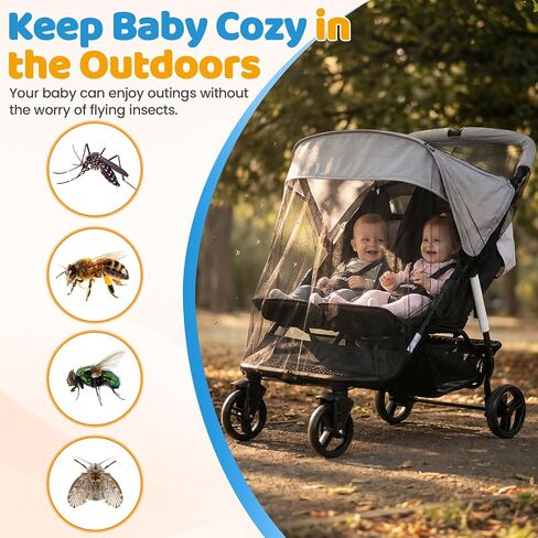 Orzbow 2 Pack Mosquito Net for Double Stroller Side-by-Side, Insect, Fly & Bug Protection | Mosquito Net Cover for Double, and Twin Stroller | Baby Summer, Beach, travel, and Camping Essentials, Black in Kuwait