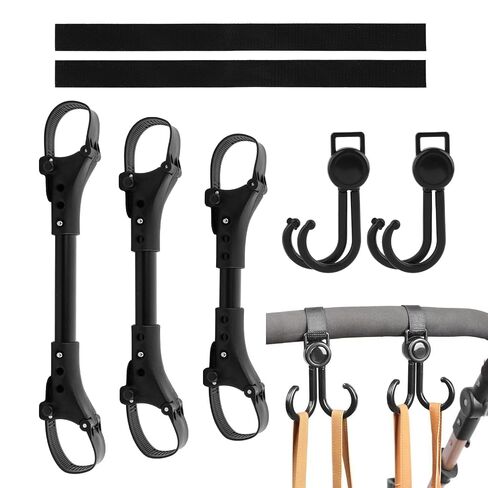 3pcs Stroller Connectors & 2pcs Double Hooks Set - Adjustable Length (20-26cm) Space Aluminum Connectors with Rotatable PP+Polyester Hooks for Double Strollers(Color:Black) in Kuwait