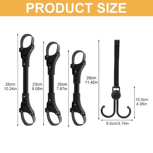 3pcs Stroller Connectors & 2pcs Double Hooks Set - Adjustable Length (20-26cm) Space Aluminum Connectors with Rotatable PP+Polyester Hooks for Double Strollers(Color:Black) in Kuwait