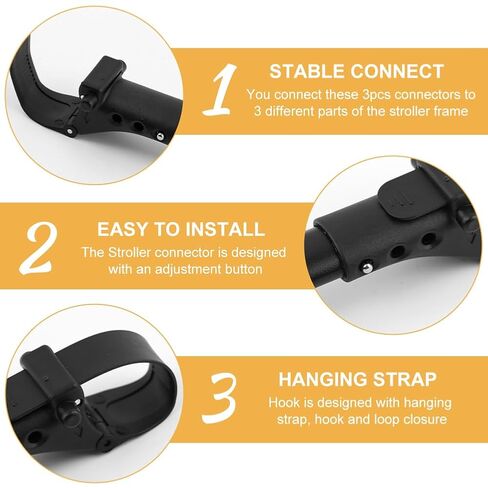 3pcs Stroller Connectors & 2pcs Double Hooks Set - Adjustable Length (20-26cm) Space Aluminum Connectors with Rotatable PP+Polyester Hooks for Double Strollers(Color:Black) in Kuwait