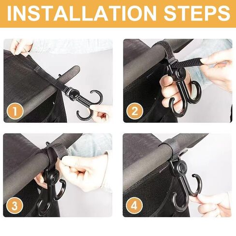 3pcs Stroller Connectors & 2pcs Double Hooks Set - Adjustable Length (20-26cm) Space Aluminum Connectors with Rotatable PP+Polyester Hooks for Double Strollers(Color:Black) in Kuwait
