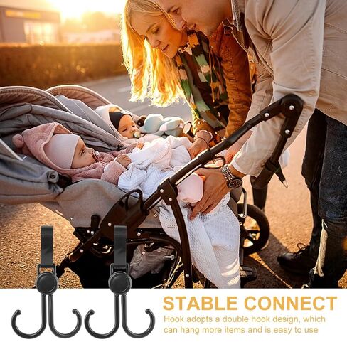 3pcs Stroller Connectors & 2pcs Double Hooks Set - Adjustable Length (20-26cm) Space Aluminum Connectors with Rotatable PP+Polyester Hooks for Double Strollers(Color:Black) in Kuwait