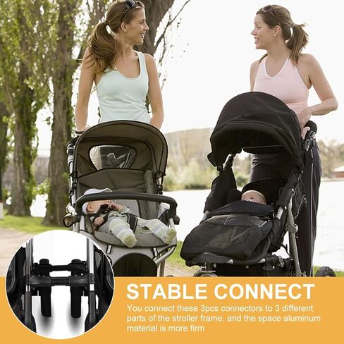 3pcs Stroller Connectors & 2pcs Double Hooks Set - Adjustable Length (20-26cm) Space Aluminum Connectors with Rotatable PP+Polyester Hooks for Double Strollers(Color:Black) in Kuwait
