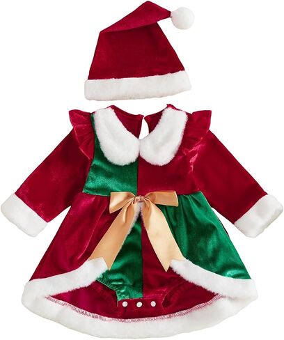 Baby Girl Christmas Velvet Romper Dress with Santa Hat 0-18M | My First Christmas Baby Girl Outfit, Newborn Holiday Photography Outfit, Patchwork Ruffle Furry Trim Long Sleeve Bodysuit in Kuwait