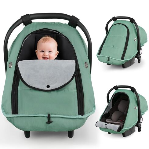 Metplus Winter Car Seat Cover Baby,Waterproof Carseat Covers Baby Boy Girl,Breathable Infant Car Seat Cover Canopy,Windproof and Warm Stroller/Carrier Covers for Winter Newborn Essentials,Green in Kuwait