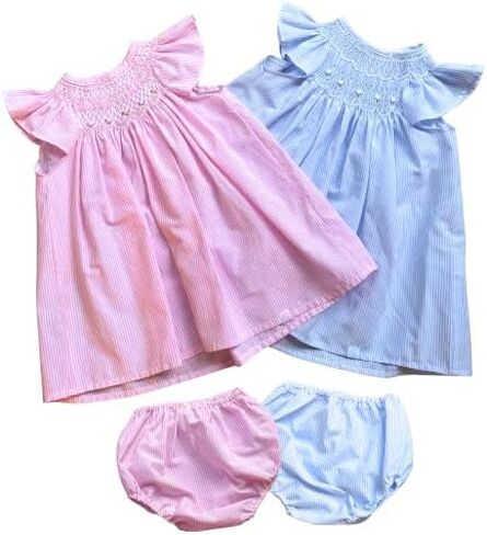 Set of 2 Baby Girl Dresses with Diaper Covers 12–18 Months - Blue & Pink | Handmade Heirloom Style Outfit, Premium Cotton Embroidered Dress for Easter, Baptism & Summer Special Occasions in Kuwait