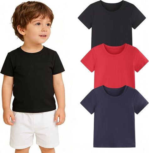 3 Pack Toddler Boy Shirts Short Sleeve Cotton Boys Tops Pull On Baby Tee Solid Summer Baby Boy Clothes Size 2-5T in Kuwait