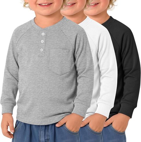3 Pack Toddler Boy's Shirts | Henley Button Down, Long Sleeve, Raglan Tops, with Pockets, Basic Solid, Casual , for Baby Kids, Pull On in Kuwait