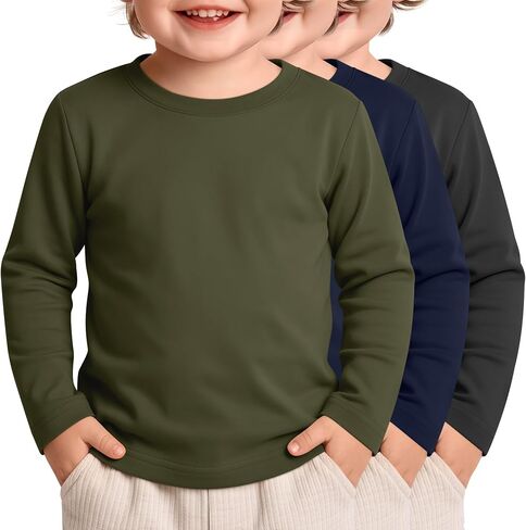 3 Pack Toddler Boys Long Sleeve Shirts | 100% Cotton, Crewneck, Tops, Tees, for Baby Boys, for 18 M-5 T, Basic, Casual, Soild, Fall, Winter in Kuwait