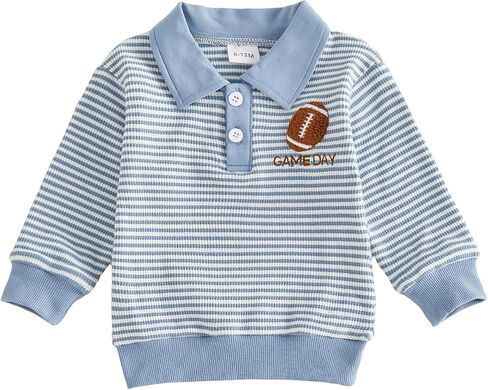 Toddler Baby Boy Football Outfit Pumpkin Embroidery Waffle Striped Long Sleeve Polo Shirt Button Up Pullover Top in Kuwait
