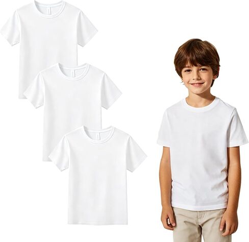 OKBA 3 Pack White t Shirts for Kids,Crew Neck Short Sleeve Boys Clothes Undershirt, Boys Tank Tops Polyester tee Bulk in Kuwait