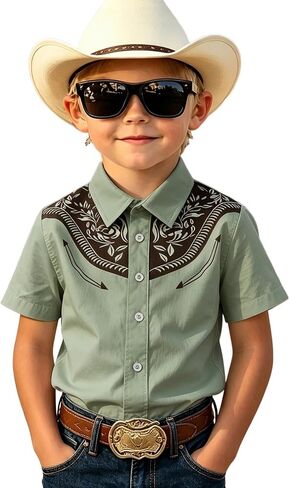 Ritatte Toddler Boys Western Cowboy Shirt Kid Button Down Shirts Retro Floral Rodeo Outfit Country Short Sleeve Top in Kuwait