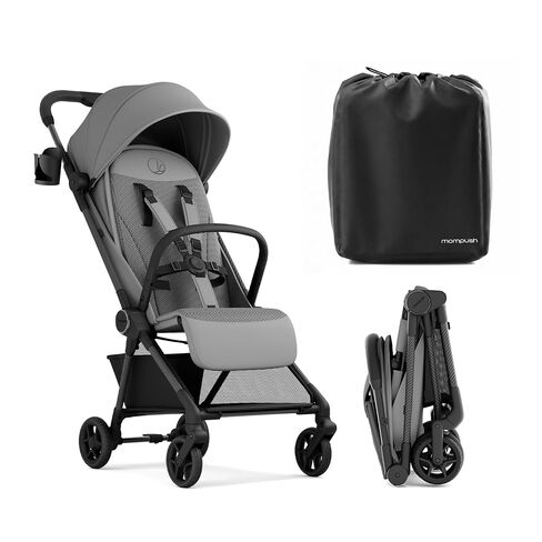 Mompush Nexis Carbon Fiber Lightweight Travel Stroller, Carry-On, Black | Lightweight travel stroller for airplane, compact auto-fold, one-hand recline, XL basket, cup holder, rain cover included in Kuwait