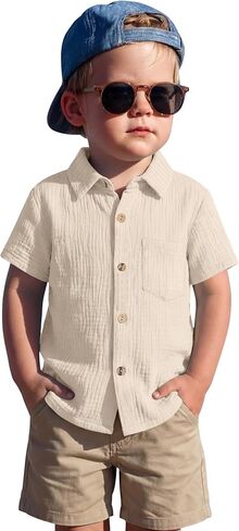 Toddler Baby Boys Cotton Shirt | Short Sleeve, Button Down, Collared, Polo Shirt with Pocket, Lightweight Seersucker, Family Photos, for Toddlers 18M-5T in Kuwait