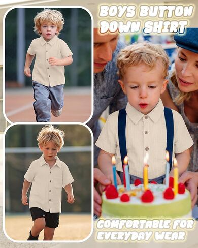 Toddler Baby Boys Cotton Shirt | Short Sleeve, Button Down, Collared, Polo Shirt with Pocket, Lightweight Seersucker, Family Photos, for Toddlers 18M-5T in Kuwait