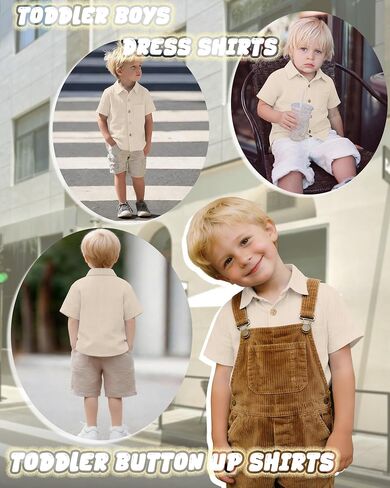 Toddler Baby Boys Cotton Shirt | Short Sleeve, Button Down, Collared, Polo Shirt with Pocket, Lightweight Seersucker, Family Photos, for Toddlers 18M-5T in Kuwait
