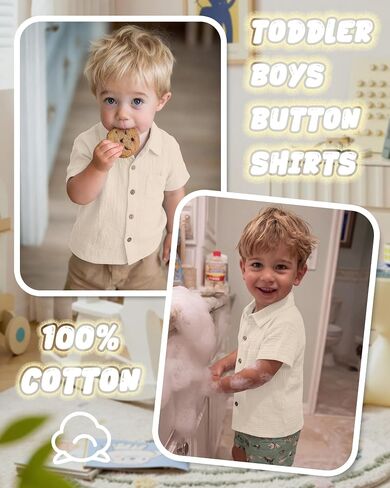Toddler Baby Boys Cotton Shirt | Short Sleeve, Button Down, Collared, Polo Shirt with Pocket, Lightweight Seersucker, Family Photos, for Toddlers 18M-5T in Kuwait