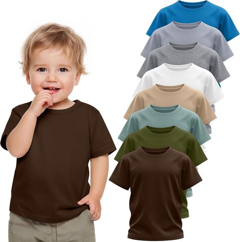 8 Pack Toddler Boys' Cotton Short Sleeve | Crew Neck T Shirts, Cotton Blend Tops, Basic Shirts, for Boy 18M-5T, Layering, Summer, Casual Wear, Playtime, Daily Wear in Kuwait