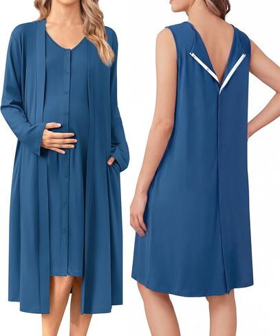 Ekouaer Labor and Delivery Gown and Robe Set for Hospital Nursing Nightgown | Open Back Maternity Nursing Dress, Breastfeeding, Postpartum Clothes, Button Closures, C-section Labor Gowns in Kuwait