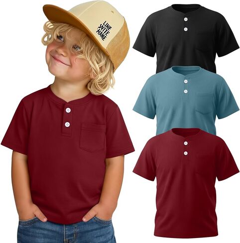 Yooo's Vivi 3 Pack Toddler Boy's Henley Short Sleeve Shirts Button Front Pocket Solid T-Shirts Baby Boy Soft Summer Tees Tops in Kuwait