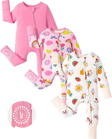 PATPAT Baby Boys Girls Bamboo Viscose Footies 3-Pack, NB-2T | 2-Way Zipper, Fold-Over Mittens & Feet, Non-Slip Soles,Super Soft Fabric in Kuwait