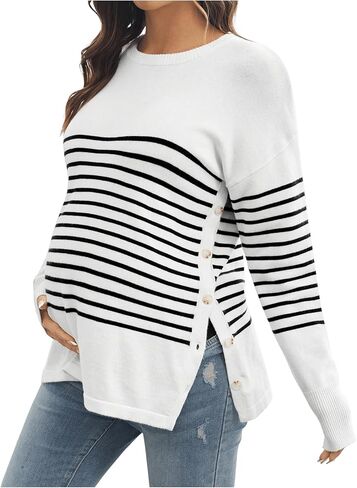 Women's Striped Crew Neck Maternity Nursing Sweater Long Sleeve Pullover Tops in Kuwait