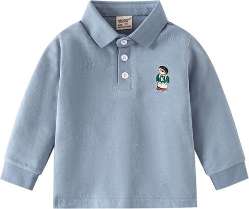 Baby Boys Cotton Polo Shirt Long Sleeve Toddler Embroidered Collared Top Soft Kids Clothes for School Casual Wear in Kuwait