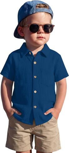 Toddler Baby Boys Cotton Shirt | Short Sleeve, Button Down, Collared, Polo Shirt with Pocket, Lightweight Seersucker, Family Photos, for Toddlers 18M-5T in Kuwait