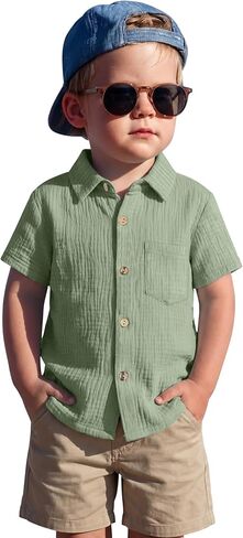 Toddler Baby Boys Cotton Shirt | Short Sleeve, Button Down, Collared, Polo Shirt with Pocket, Lightweight Seersucker, Family Photos, for Toddlers 18M-5T in Kuwait