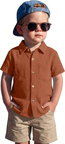 Toddler Baby Boys Cotton Shirt | Short Sleeve, Button Down, Collared, Polo Shirt with Pocket, Lightweight Seersucker, Family Photos, for Toddlers 18M-5T in Kuwait