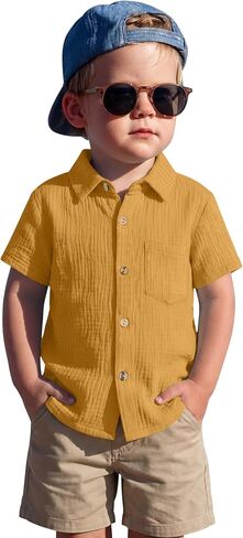 Toddler Baby Boys Cotton Shirt | Short Sleeve, Button Down, Collared, Polo Shirt with Pocket, Lightweight Seersucker, Family Photos, for Toddlers 18M-5T in Kuwait