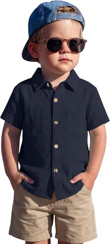 Toddler Baby Boys Cotton Shirt | Short Sleeve, Button Down, Collared, Polo Shirt with Pocket, Lightweight Seersucker, Family Photos, for Toddlers 18M-5T in Kuwait