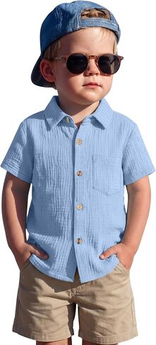 Toddler Baby Boys Cotton Shirt | Short Sleeve, Button Down, Collared, Polo Shirt with Pocket, Lightweight Seersucker, Family Photos, for Toddlers 18M-5T in Kuwait