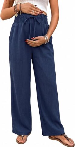 BLENCOT Maternity Pants Wide Leg High Waisted Flowy Pregnancy with Pockets | Fashion Plus Size Palazzo Pants For Business, Casual Summer Spring, Postpartum Outfits Work Trousers in Kuwait