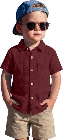 Toddler Baby Boys Cotton Shirt | Short Sleeve, Button Down, Collared, Polo Shirt with Pocket, Lightweight Seersucker, Family Photos, for Toddlers 18M-5T in Kuwait