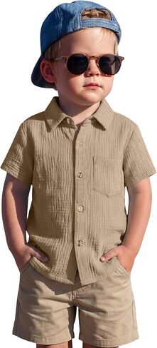 Toddler Baby Boys Cotton Shirt | Short Sleeve, Button Down, Collared, Polo Shirt with Pocket, Lightweight Seersucker, Family Photos, for Toddlers 18M-5T in Kuwait