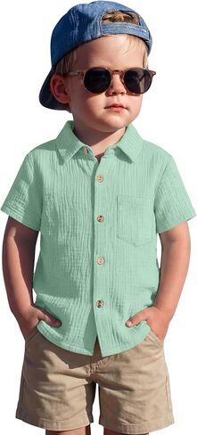 Toddler Baby Boys Cotton Shirt | Short Sleeve, Button Down, Collared, Polo Shirt with Pocket, Lightweight Seersucker, Family Photos, for Toddlers 18M-5T in Kuwait