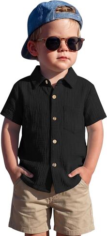 Toddler Baby Boys Cotton Shirt | Short Sleeve, Button Down, Collared, Polo Shirt with Pocket, Lightweight Seersucker, Family Photos, for Toddlers 18M-5T in Kuwait