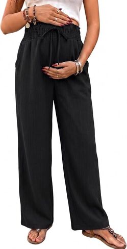 BLENCOT Maternity Pants Wide Leg High Waisted Flowy Pregnancy with Pockets | Fashion Plus Size Palazzo Pants For Business, Casual Summer Spring, Postpartum Outfits Work Trousers in Kuwait