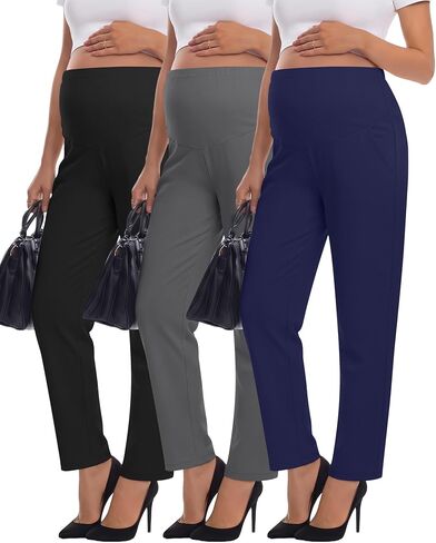 3 Pack Women's Maternity Pants for Work Pregnancy Dress Pants Over The Belly Straight Leg Casual Stretchy Pockets in Kuwait