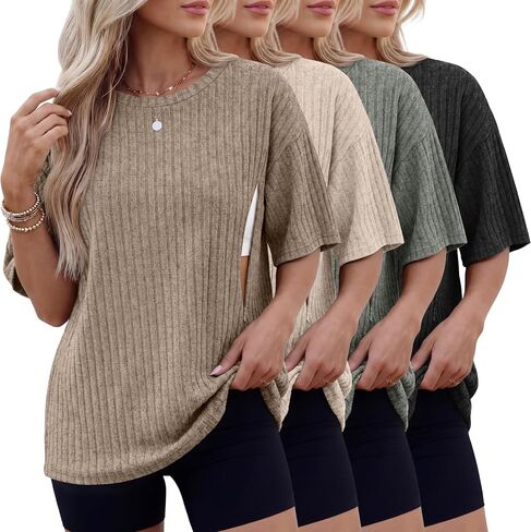 Huukeay 4 Pack Women's Nursing Shirts | for Breastfeeding, Short Sleeve, Oversized Tops, with Hidden Zipper, Maternity, Ribbed Sweaters, Daily Wear, Comfortable in Kuwait