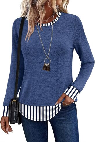 WIHOLL Womens Long Sleeve Shirts Lightweight Tunic Tops | color block, lightweight tunic, loose fit, fall fashion, Work to Weekend Outfits, Fashion Clothing in Kuwait