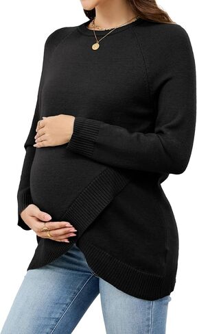 OUGES Women's Wool Blend Maternity Sweater Crossover Ribbed Hem Casual Pullover Tops in Kuwait