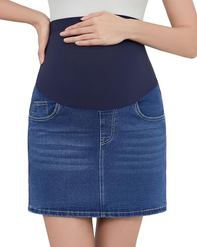 fitglam Women's Maternity Denim Skirts Over Belly Stretchy Pregnancy Skirts with Built-in Shorts in Kuwait