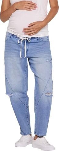 Motherhood Maternity Women's Under the Belly Tie Waist Relaxed Barrel Leg Denim Pregnancy Jeans in Kuwait