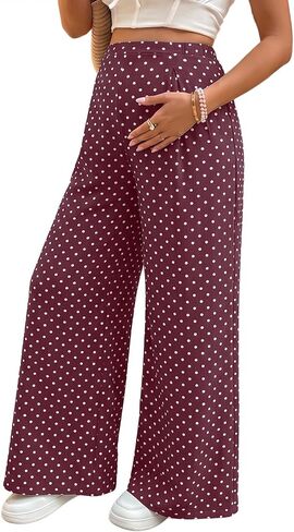 BLENCOT Women's Polka Dot Maternity Pants Wide Leg Pregnancy Trousers | Elegant Polka Dot Elastic High Waisted Pregnancy Pants,Double Layer Mesh Fabric,Perfect for Work, Casual & Postpartum in Kuwait