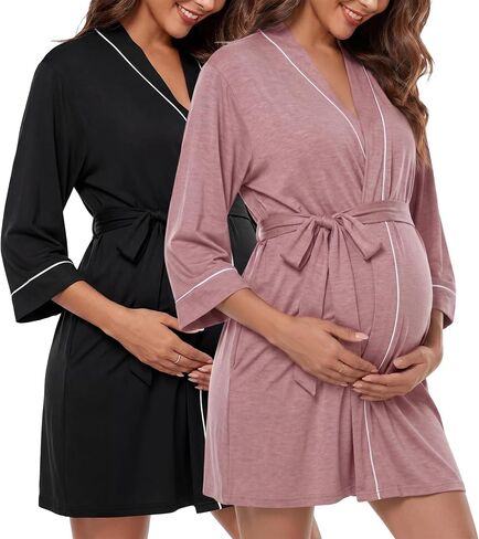 Cutecrop 2 Pcs Women Maternity Nursing Robe Labor Hospital Delivery Gown 3/4 Sleeve Pregnant 3 in 1 Kimono Breastfeeding Robe in Kuwait