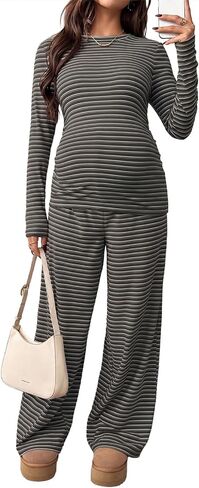 BLENCOT Maternity 2 Piece Outfits Striped Long Sleeve Pregnancy Set | Cozy Lounge Sleepwear for Pregnant Women Autumn Home Baby Shower Relaxed Matching Outfits with Pockets in Kuwait