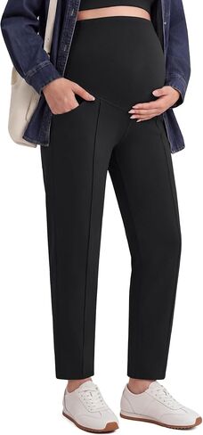 G4Free EverGoing Maternity Work Pants Tapered Ankle Pregnancy Trousers | with Pockets, Vertical Front Seam, Over the Belly, Soft, Stretch, Relaxed Fit, for Casual Lounge, Office or Business in Kuwait